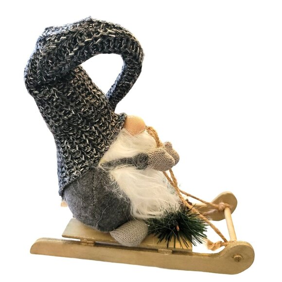 Gnome With Knitted Hat On Wooden Sled with Mistletoe VL1004 - Picture 3 of 6